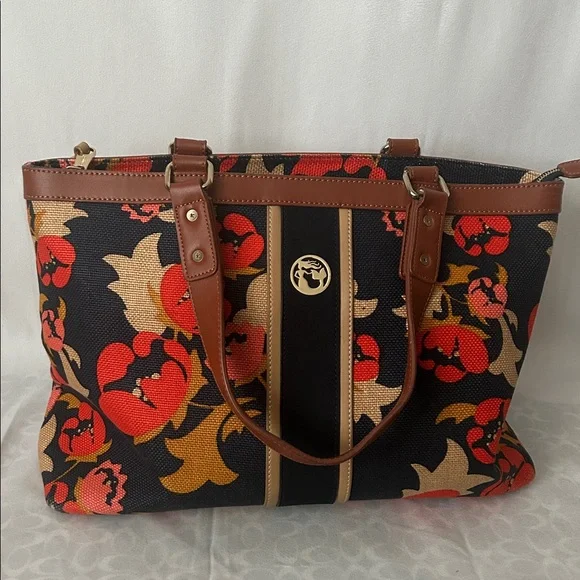 Spartina 449 Pretty Black/Orange Floral Double Straps Shoulder Bag Tote Purse 🌺🌺 - Picture 1 of 14